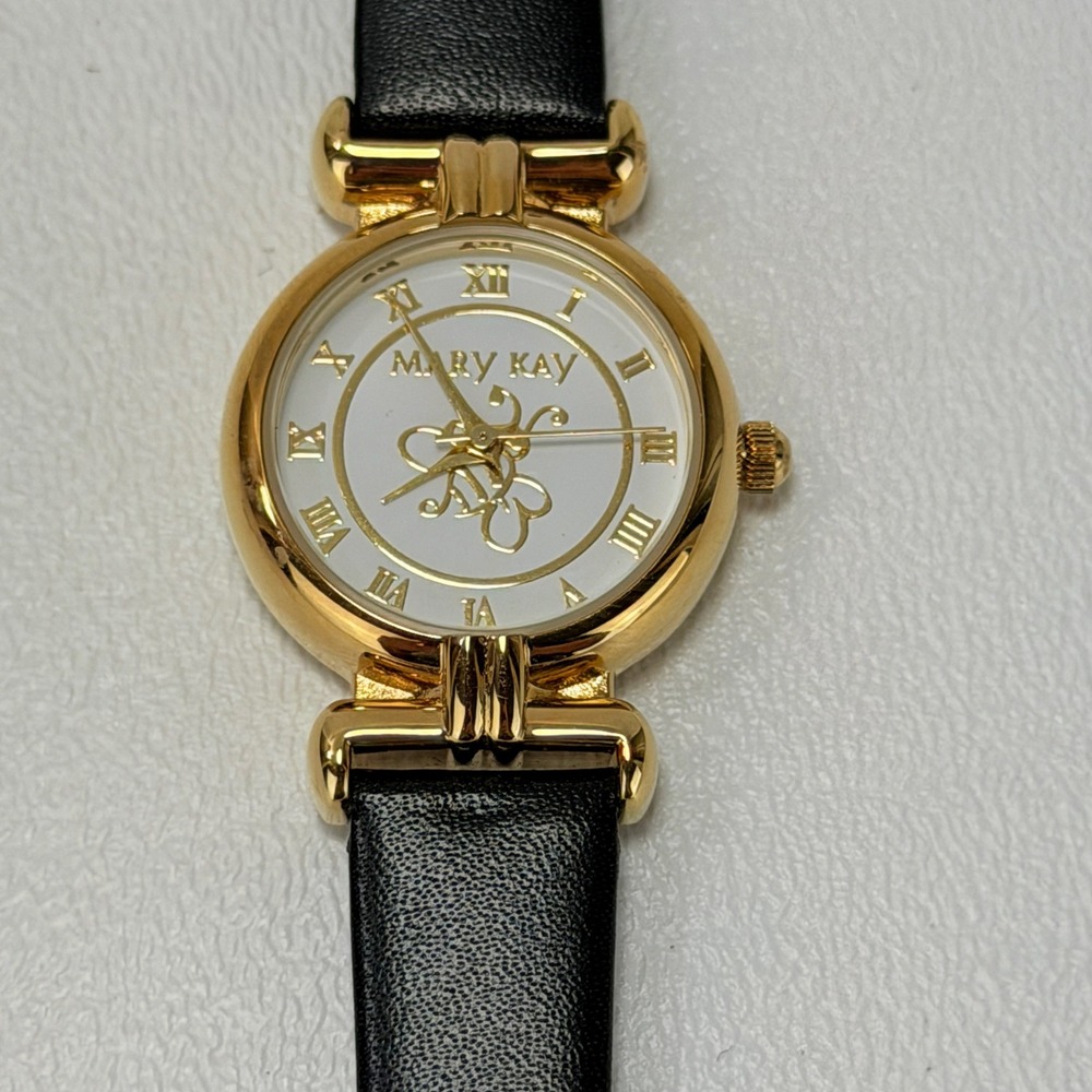 Mary Kay Vintage Women's Watch Gold-Tone Leather Black Band New